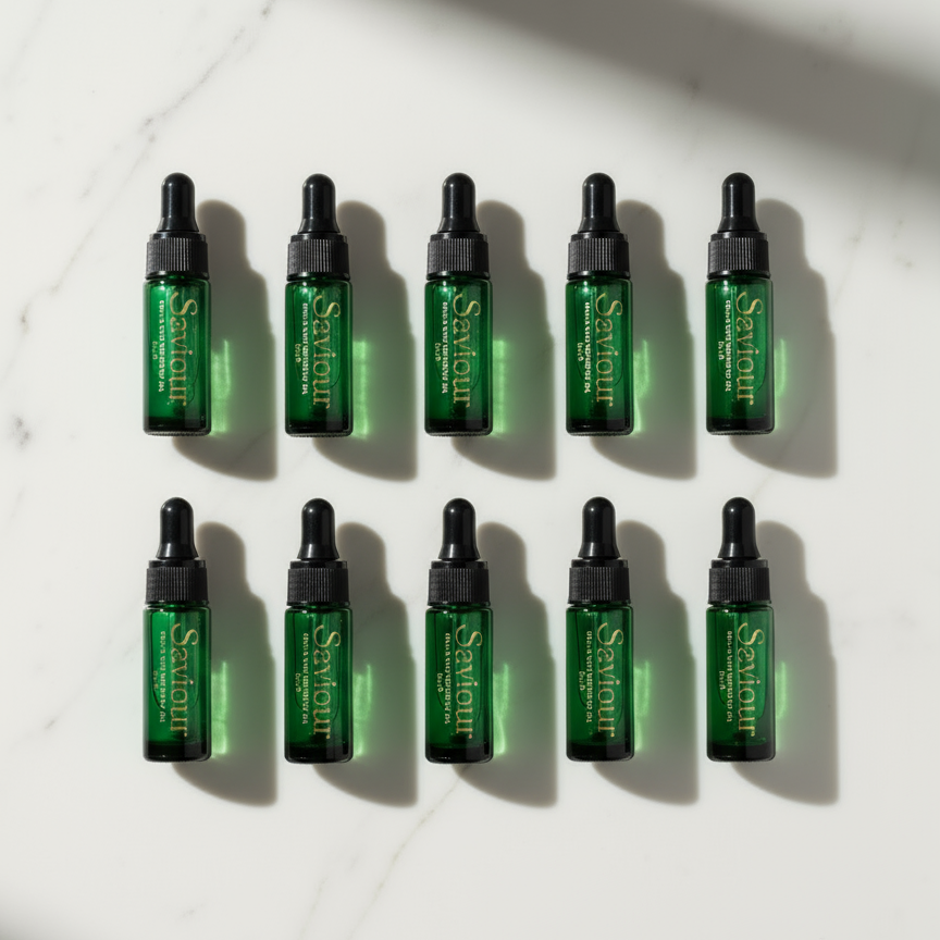10 mini cuticle and skin oils, in green glass bottles on a white marble background